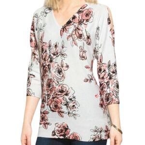 Roz & Ali Cold Shoulder Floral Print Pastel Pink Sweater Blouse Women's Size M